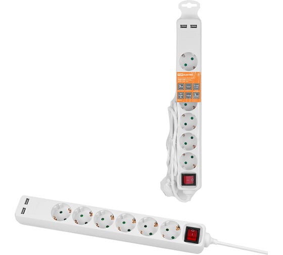 Удлинитель сетевой TDM ELECTRIC 6 розеток, 2 USB 2,4А, 3 м, с выключателем, з/к, ПВС 3х0,75 мм2 10А 250В белый SQ1303-0307