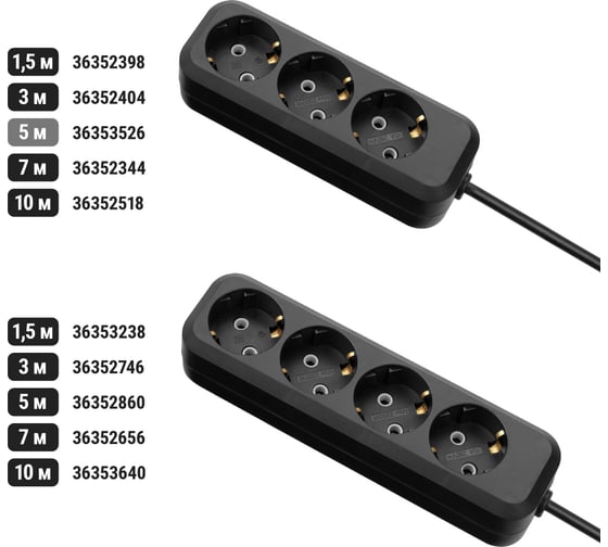 Удлинитель сетевой TDM ELECTRIC 3 розетки, 5 метров, с заземлением, 10 А, 2300 Вт, черный, SQ1303-1052