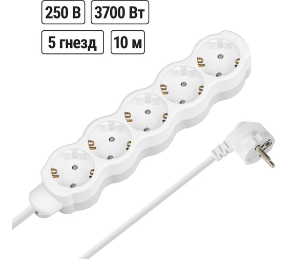 Удлинитель бытовой TDM ELECTRIC Люкс 5 гнезд, 10 м, с/з, с з/ш, ПВС 3x1,5 мм2, 16 А, 250 В, 3700 Вт TDM ELECTRIC SQ1303-4066 1