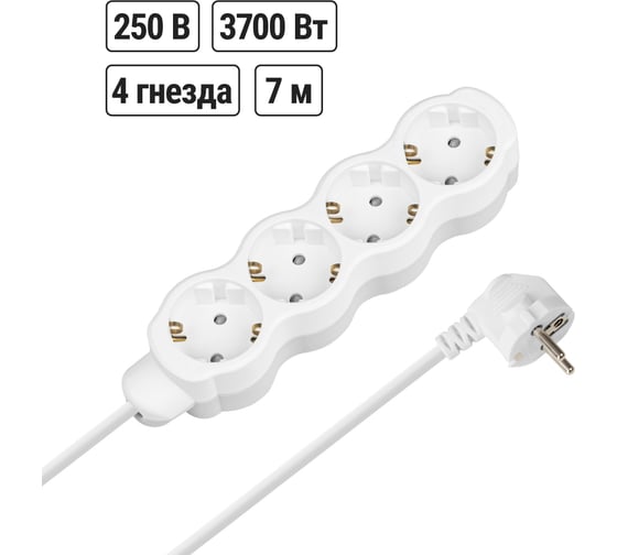 Удлинитель бытовой TDM ELECTRIC Люкс 4 гнезда, 7 м, с/з, с з/ш, ПВС 3x1,5 мм2, 16 А, 250 В, 3700 Вт TDM ELECTRIC SQ1303-4061