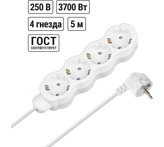 Удлинитель бытовой TDM ELECTRIC Люкс 4 гнезда, 5 м, с/з, с з/ш, ПВС 3x1,5 мм2, 16 А, 250 В, 3700 Вт TDM ELECTRIC SQ1303-4060 1