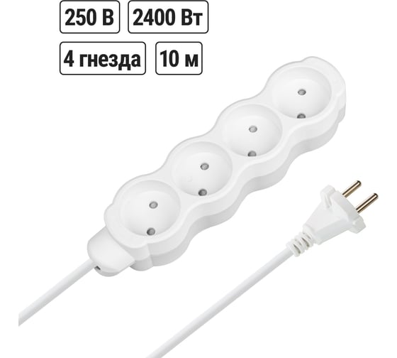 Удлинитель бытовой TDM ELECTRIC Люкс 4 гнезда, 10 м, б/з, с з/ш, ПВС 2x1,0 мм2, 10 А, 250 В, 2400 Вт TDM ELECTRIC SQ1303-4010