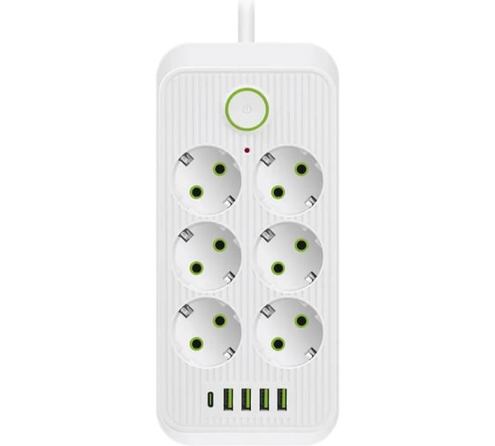 Удлинитель сетевой гибридный Saros Polymer 2м, 6 розеток, 2500 Вт, 4 USB,1 Type-C (белый) 88031