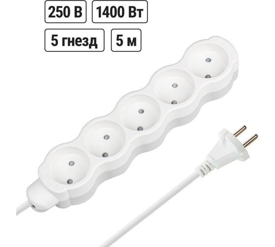 Удлинитель бытовой TDM ELECTRIC Люкс 5 гнезд, 5 м, б/з, с з/ш, ПВС 2х0,75 мм2, 6 А, 250 В, 1400 Вт TDM ELECTRIC SQ1303-4013 1