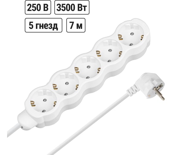 Удлинитель бытовой TDM ELECTRIC Люкс 5 гнезд, 7 м, с/з, с з/ш, ПВС 3х1 мм2, 16 А, 250 В, 3500 Вт TDM ELECTRIC SQ1303-4038 1