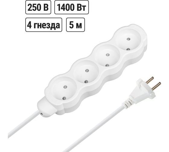 Удлинитель бытовой TDM ELECTRIC Люкс 4 гнезда, 5 м, б/з, с з/ш, ПВС 2х0,75 мм2, 6 А, 250 В, 1400 Вт TDM ELECTRIC SQ1303-4008 1