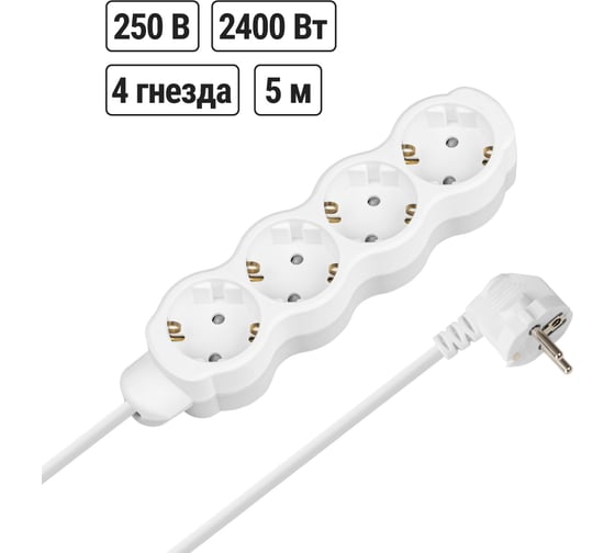 Удлинитель бытовой TDM ELECTRIC Люкс 4 гнезда, 5 м, с/з, с з/ш, ПВС 3х0,75 мм2, 10 А, 250 В, 2400 Вт TDM ELECTRIC SQ1303-4021