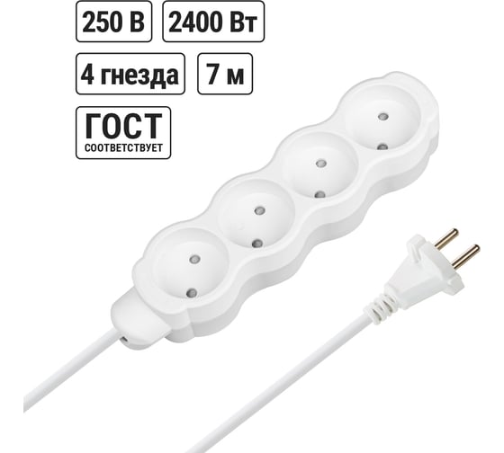 Удлинитель бытовой TDM ELECTRIC Люкс 4 гнезда, 7 м, б/з, с з/ш, ПВС 2х1,0 мм2, 10 А, 250 В, 2400 Вт TDM ELECTRIC SQ1303-4009 1