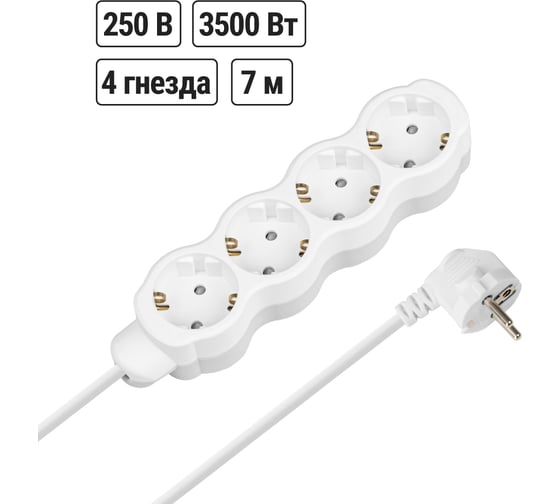 Удлинитель бытовой TDM ELECTRIC Люкс 4 гнезда, 7 м, с/з, с з/ш, ПВС 3х1 мм2, 16 А, 250 В, 3500 Вт TDM ELECTRIC SQ1303-4033 1