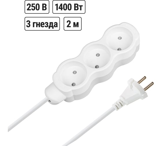 Удлинитель бытовой TDM ELECTRIC Люкс 3 гнезда, 2 м, б/з, с з/ш, ПВС 2х0,75 мм2, 6 А, 250 В, 1400 Вт TDM ELECTRIC SQ1303-4001