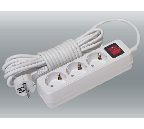 Электрический удлинитель Веллконт с заземленным контактом и выключателем У10/16-569 (ПВС 3*0,75) 3 входа, 5 метров, в индивидуальной упаковке 49008