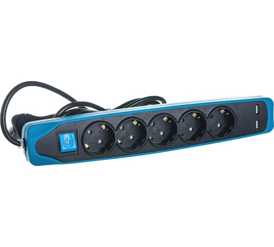 Electraline Удлинитель 5Р+2USB с выключателем 3x1-2М с заземлением силикон черно-синий 62157