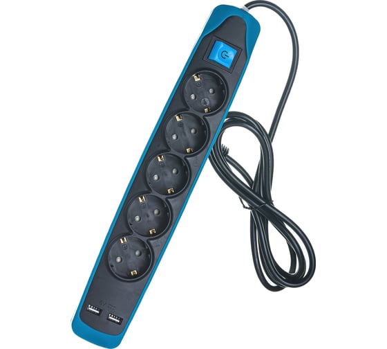 Electraline Удлинитель 5Р+2USB с выключателем 3x1-2М с заземлением силикон черно-синий 62157