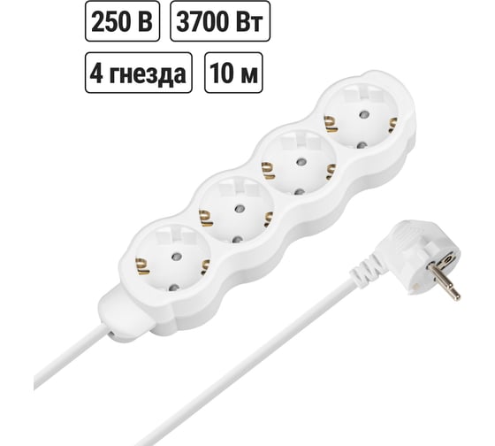 Удлинитель бытовой TDM ELECTRIC Люкс 4 гнезда, 10 м, с заземлением, с защитными шторками, ПВС 3х1,5 мм2, 16 А, 250 В, 3700 Вт SQ1303-4062 1