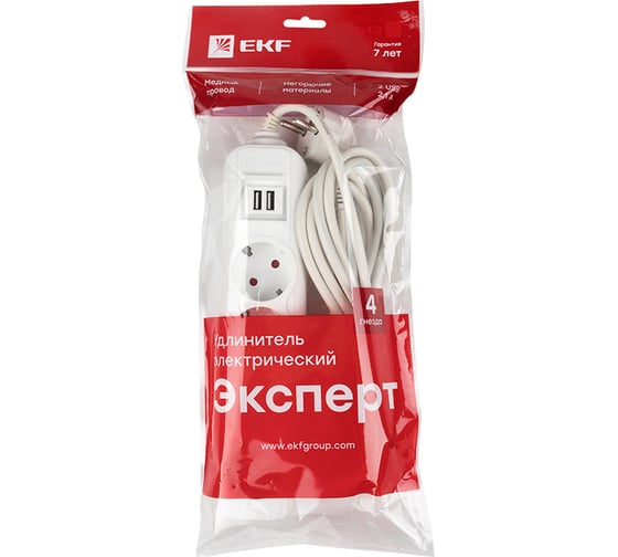 Удлинитель EKF "Эксперт" 4 гнезда 5 метров 16А/3,5кВт с 2 USB 2,1А ПВС 3х1 UBA16-2USB-4-05i
