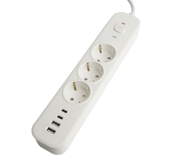 Сетевой фильтр STEKKER 3-местный с/з 3x1мм2, 5 м, 250В, 16А, 2 USB-A+2 Type-C 3, серия Nova, белый, 50101