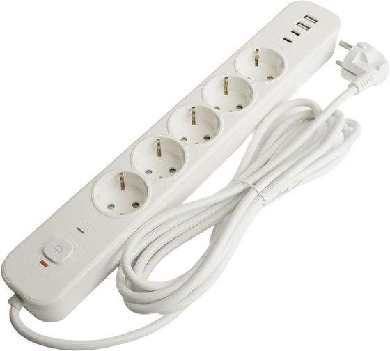Сетевой фильтр STEKKER 5-местный с/з 3x1мм2, 1,8 м, 250В, 16А, 2 USB-A+2 Type-C, серия Nova, белый, 50102