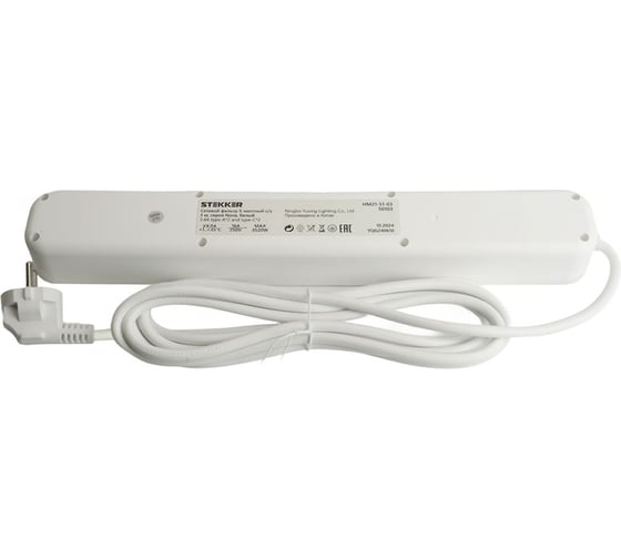 Сетевой фильтр STEKKER 5-местный с/з 3x1мм2, 1,8 м, 250В, 16А, 2 USB-A+2 Type-C, серия Nova, белый, 50102