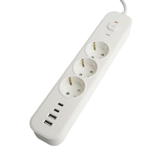 Сетевой фильтр STEKKER 3-местный с/з 3x1мм2, 3 м, 250В, 16А, 2 USB-A+2 Type-C 3, серия Nova, белый, 50100