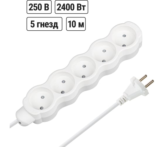 Удлинитель бытовой TDM ELECTRIC Люкс 5 гнезд, 10м, без заземления, с защитными шторками, ПВС 2х1,0мм2, 10А, 250В, 2400Вт SQ1303-4015