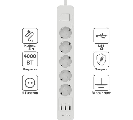 Удлинитель HARPER с USB зарядкой UCH-530 White H00002264 1