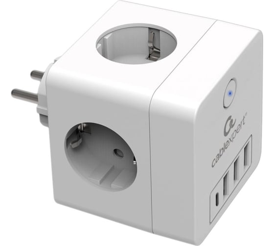 Сетевой фильтр Cablexpert Cube 4р, 16А, 1xType-C PD, 3хUSB, ур.защиты 2+, белый, коробка, CUBE-4-СU3-W 1