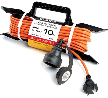 1-местный удлинитель-шнур на рамке STTEKER серия Home HM02-02-10 без заземления 2x0,75мм2, 10м, оранжевый 39490