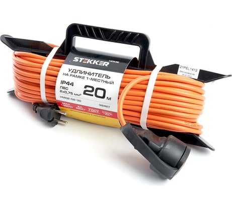 1-местный удлинитель-шнур на рамке STEKER HM02-02-20 серия Home, без заземления 2x0,75мм2, 20м, 6А, оранжевый 39491