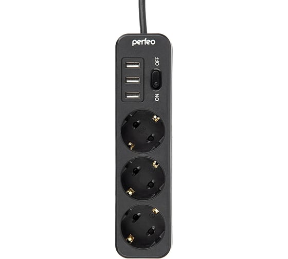 Сетевой фильтр PERFEO POWER STREAM, 2500W, 4м, 3 розетки, 3 USB, черный 30016408 1