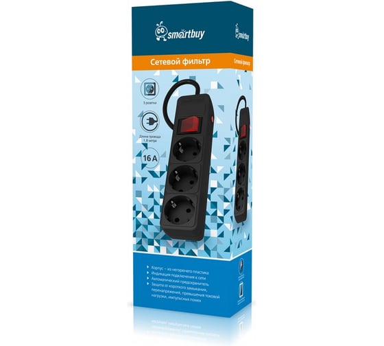 Сетевой фильтр Smartbuy 16А, 3500 Вт, 3 гнезда, без заземляющего штыря, с заземляющим контактом, ПВС 3x1.0, 1,8 м, черный SBSP-3-18-K