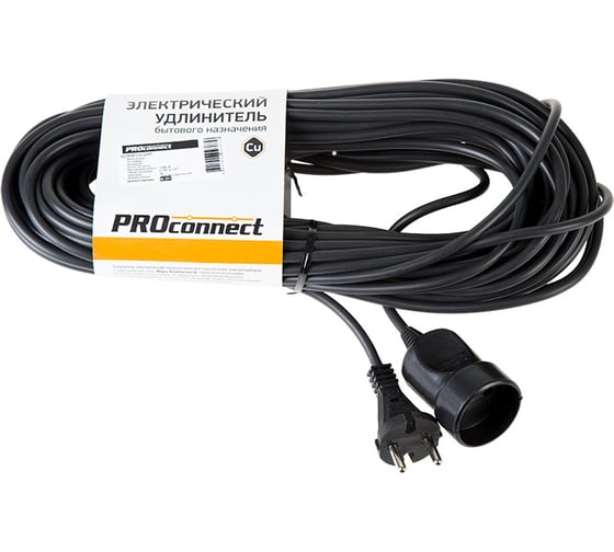Силовой удлинитель PROconnect ПВС 2х0.75, 20 м, б/з, 6 А, 1300 Вт, IP20, черный Россия 11-7115