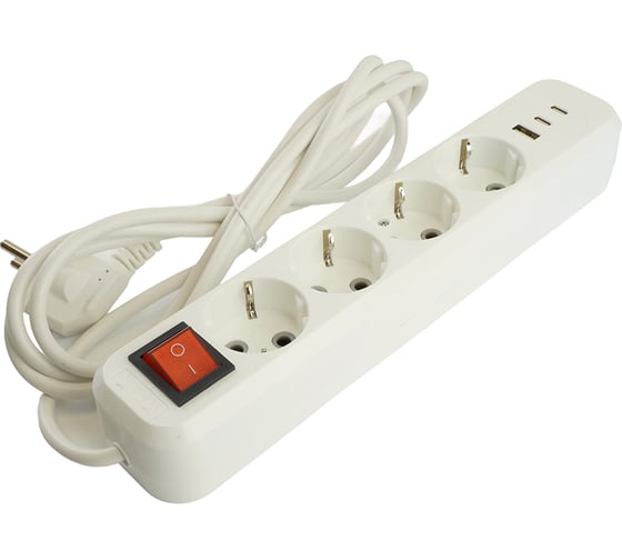 Удлинитель STEKKER Home 4-местный, с/з, с выключ., HM071-41-05 3x1мм2, 5м, 250В, 16А, 1USB+2C, 2.4A, белый, 50141