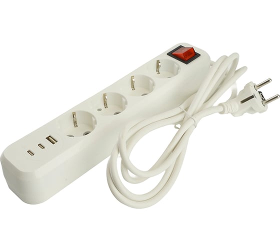 Удлинитель STEKKER Home 4-местный, с/з, с выключ., HM071-41-05 3x1мм2, 5м, 250В, 16А, 1USB+2C, 2.4A, белый, 50141