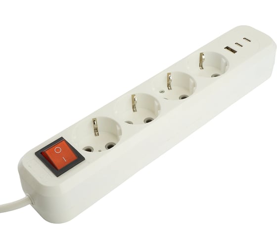 Удлинитель STEKKER Home 4-местный, с/з, с выключ., HM071-41-05 3x1мм2, 5м, 250В, 16А, 1USB+2C, 2.4A, белый, 50141