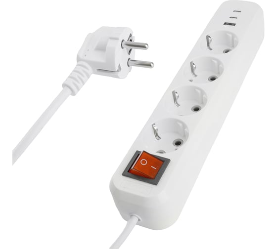 Удлинитель STEKKER Home 4-местный, с/з, с выключ., HM071-41-05 3x1мм2, 5м, 250В, 16А, 1USB+2C, 2.4A, белый, 50141