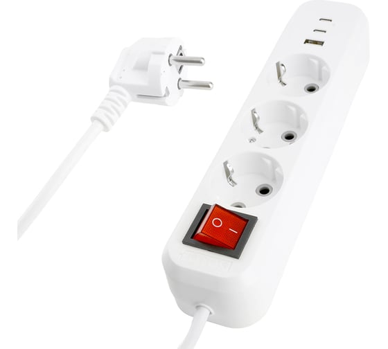 Удлинитель STEKKER Home 3-местный, с/з, с выключ., HM071-31-03 3x1мм2, 3м, 250В, 16А, 1USB+2C, 2.4A, белый, 50137