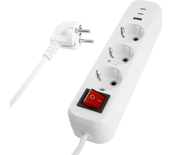 Удлинитель STEKKER Home 3-местный, с/з, с выключ., HM071-31-05 3x1мм2, 5м, 250В, 16А, 1USB+2C, 2.4A, белый, 50138