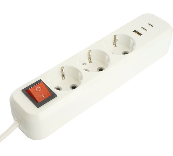 Удлинитель STEKKER Home 3-местный, с/з, с выключ., HM071-31-02 3x1мм2, 2м, 250В, 16А, 1USB+2C, 2.4A, белый, 50136