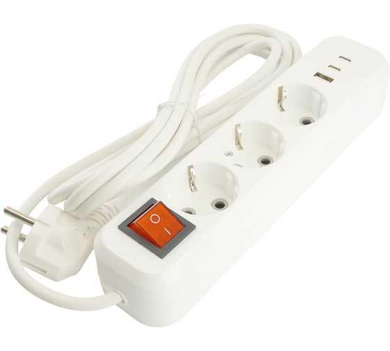 Удлинитель STEKKER Home 3-местный, с/з, с выключ., HM071-31-02 3x1мм2, 2м, 250В, 16А, 1USB+2C, 2.4A, белый, 50136