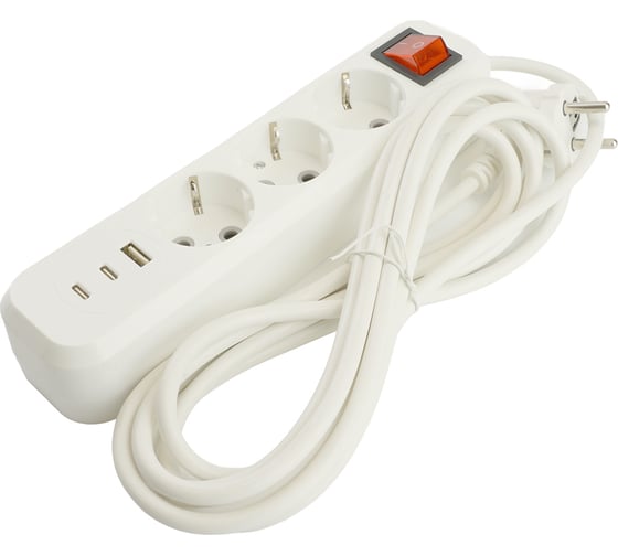 Удлинитель STEKKER Home 3-местный, с/з, с выключ., HM071-31-02 3x1мм2, 2м, 250В, 16А, 1USB+2C, 2.4A, белый, 50136
