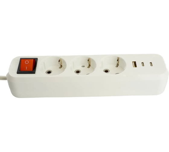 Удлинитель STEKKER Home 3-местный, с/з, с выключ., HM071-31-02 3x1мм2, 2м, 250В, 16А, 1USB+2C, 2.4A, белый, 50136