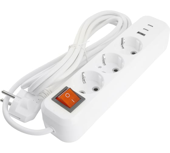 Удлинитель STEKKER Home 3-местный, с/з, с выключ., HM071-31-02 3x1мм2, 2м, 250В, 16А, 1USB+2C, 2.4A, белый, 50136