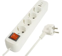 Удлинитель STEKKER Home 4-местный, с/з, с выключ., HM071-41-02 3x1мм2, 2м, 250В, 16А, 1USB+2C, 2.4A, белый, 50139