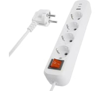 Удлинитель STEKKER Home 4-местный, с/з, с выключ., HM071-41-02 3x1мм2, 2м, 250В, 16А, 1USB+2C, 2.4A, белый, 50139