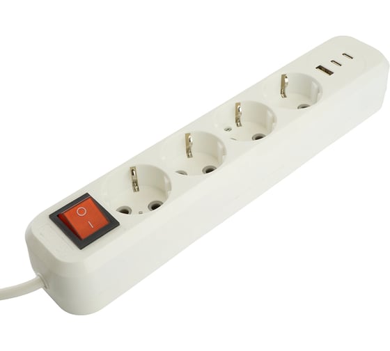 Удлинитель STEKKER Home 4-местный, с/з, с выключ., HM071-41-02 3x1мм2, 2м, 250В, 16А, 1USB+2C, 2.4A, белый, 50139