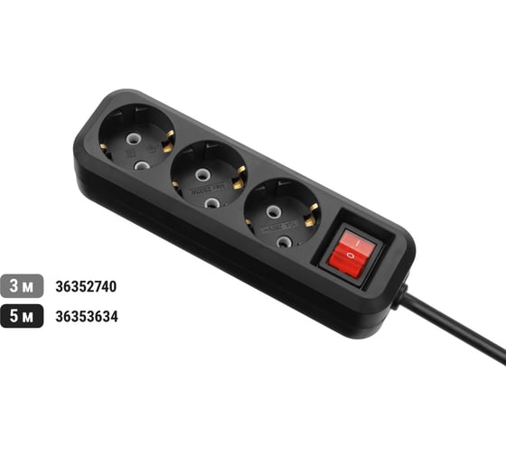 Удлинитель сетевой TDM ELECTRIC с выключателем, 3 розетки, 3 метра, с заземлением, 16 А, 3680 Вт, черный, SQ1303-1431
