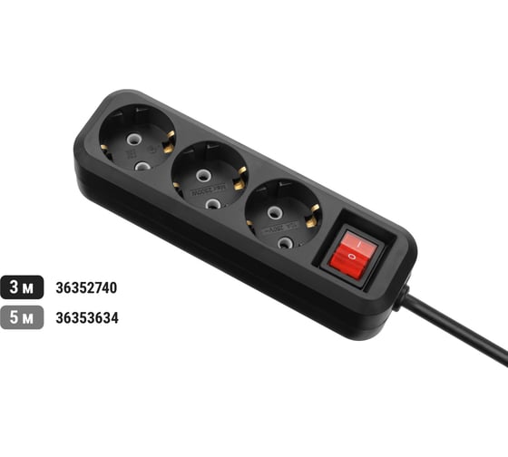 Удлинитель сетевой TDM ELECTRIC с выключателем, 3 розетки, 5 метров, с заземлением, 16 А, 3680 Вт, черный, SQ1303-1432