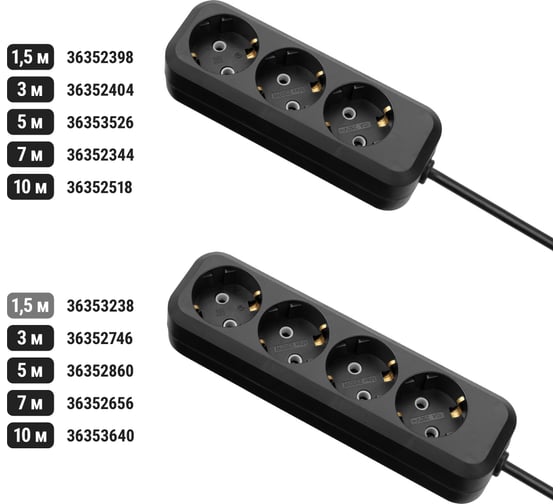 Удлинитель сетевой TDM ELECTRIC 4 розетки, 1,5 метра, с заземлением, 10 А, 2300 Вт, черный, SQ1303-1055