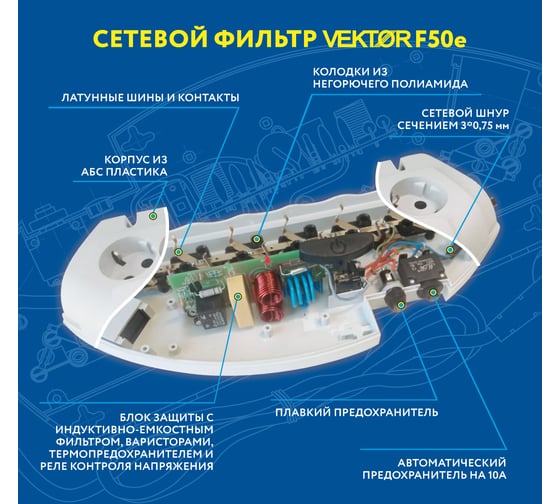 Сетевой фильтр Vektor F-50Е белый 1.8м (защита от 380В) 28540