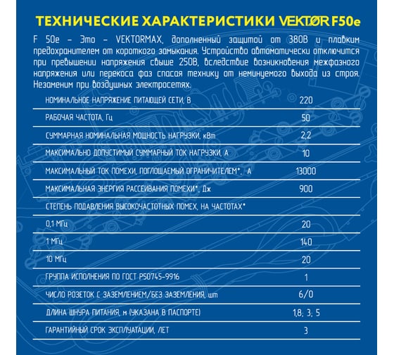 Сетевой фильтр Vektor F-50Е белый 1.8м (защита от 380В) 28540
